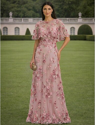  A-Linie Kleid Bodenlang Maxidress Partykleid Cocktailkleid Brautmutterkleid Kurzarm U-Boot-Ausschnitt Elegant Vintage luxuriös Formell Hochzeitsgast Kentucky Derby Chiffon Tüll Mit Schal mit