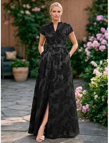  A-Linie Bodenlang Blumenkleid Abendkleid Elegant Vintage Blumen Kurzarm V Ausschnitt Gartenparty Hochzeit Tasche Satin Jacquard mit Quaste Schlitz