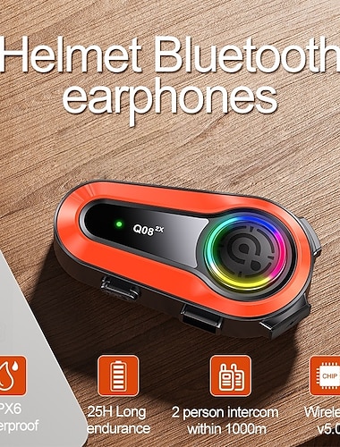  Q08-2X Bluetooth-headset voor motorhelm, 1000 meter 2-weg intercomsysteem, draadloze 5.0-communicatie voor motorfietsen, lange batterijduur van 25 uur, IPX6 waterdicht, RGB-verlichting, luidsprekers