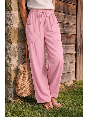  Damen Weites Bein Leinenhosen Hose Chinos Urlaub Mode Basic Volle Länge Mittlere Taillenlinie Einfach Kordelzug Plissiert Tasche Komfort Leicht Atmungsaktiv Unelastisch Täglich Urlaub Straße