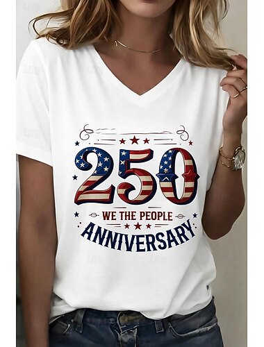  Onafhankelijkheidsdag Amerikaans Verjaardag Patriottische Dames T-shirt Print Grafisch Amerikaanse Vlag Vintage Stijlvol Klassiek Korte Mouwen V-hals Regulieren Tops Dagelijks Wit Zomer Lente Herfst