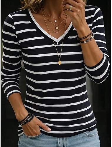  Damskie Podkoszulek Prążki Prążki Elegancki Klasyczny Długi rękaw W serek Zwykłe topy Codzienny Czarny Biały Wiosna