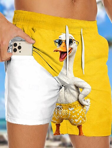  Homme Drôle Canard animaux de dessin animé Short doublé Short de bain 2 en 1 Shorts de bain Taille Moyenne Hawaïen Vacances à la Plage Poches Latérales Avec doublure de compression Taille élastique