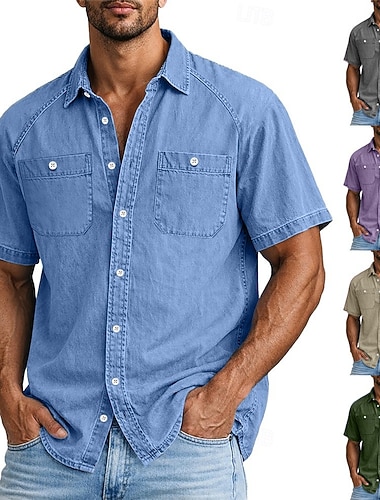  Herren Hemd Freizeithemd Knopfhemd Hemd aus 100 % Baumwolle in Säurewaschung Blau Schwarz Hellgrün Purpur Grün Kurzarm Einfach Hemdkragen Lässig Täglich Fronttasche Bekleidung Baumwolle Elegant Mode