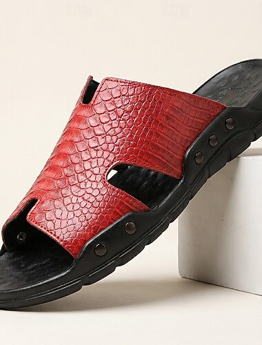  Rode heren slippers met krokodillenprint, open teenslippers met brede band, comfortabele zomerschoenen voor strandvakantie, resort, reizen, thuisgebruik, buitenactiviteiten en dagelijkse vakantiestijl.
