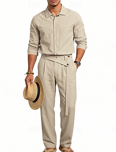 Herren Leinenhemd Zweiteilig Hemd Set Und Leinenhosen Hose Freizeithose Set Einfach Täglich Outdoor Urlaub Umlegekragen Langarm Sommer Frühling Mode Lässig Bequem Bekleidung