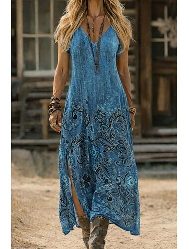  Robe longue bohème pour femme, robe trapèze, idéale pour les vacances, la plage ou les sorties. Coupe classique, imprimé floral, manches courtes, col en V, bleu clair, vert clair, été et printemps.