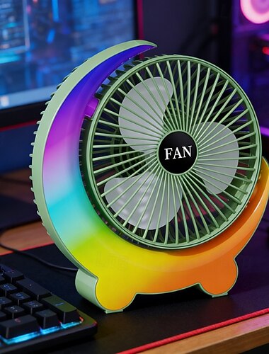  Måneformet skrivebordsvifte med regnbue RGB LED-lys, 3-trinns stille personlig USB-bordvifte for nattbord på kontoret og soverommet, oppladbar batteridrevet liten vifte for barneværelset, fargerik