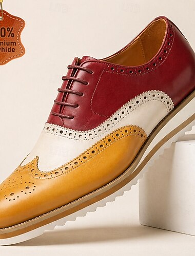  Sapatos sociais masculinos bicolor estilo brogue wingtip com cadarço, em couro, híbridos, elegantes e casuais para o trabalho, festas e eventos noturnos.