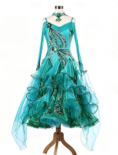  Balli da Sala Vestito Strass Pieghe Colore puro Per donna Feste Allenamento Performance Manica Lunga Alto Spandex Poliestere