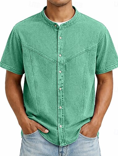  Herren Hemd Freizeithemd Knopfhemd Hemd aus 100 % Baumwolle in Säurewaschung Schwarz Hellgrün Marineblau Purpur Militßrgrün Kurzarm Einfach Großvaterkragen Lässig Täglich Patchwork Bekleidung Elegant