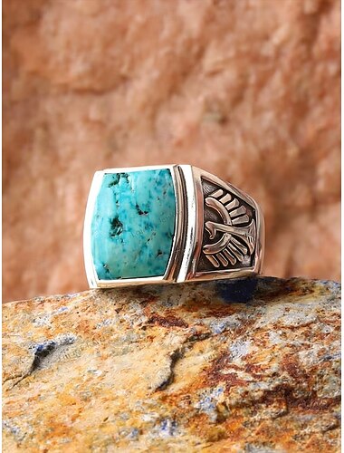  Herenring in bohemian stijl met legering en turkoois, vintage statement zegelring in verschillende maten, perfect voor strandvakanties, casual zomeroutfits en dagelijks gebruik.