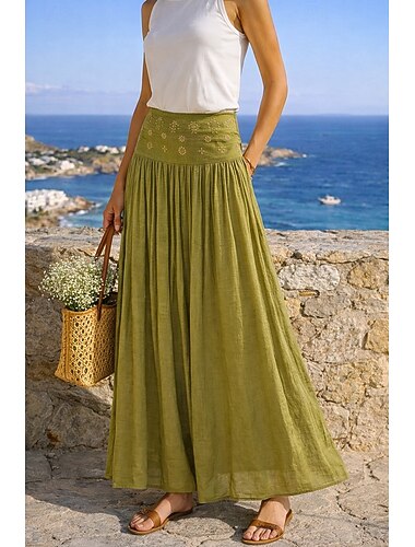  Dame Ferieskjørt Bohem Årgang Mote Etnisk Maksi Høy Midje Skjørt عادي Rynket Lapper Varm boring Uelastisk Strand Feriereise Blå Eple Grønn Rødbrun Lysegul Sommer 100% Polyester Lin