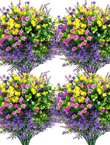  12 st konstgjorda blommor utomhus, konstgjorda konstväxter UV-resistenta plastblommor i bulk för hängande krukor veranda fönster hem bröllop höst sommardekor (12, fuchsia, lila, gul, grön)