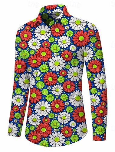  Retro Vintage Anos 70 Camisa Camisa Aloha Manga Comprida Hippie Floral Fantasia Homens Baile de Máscaras Festival de Música Festa Roupa Diária Adulto Camisa Primavera Verão