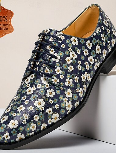  Herrskor i äkta läder med marinblå snörskor och vintage blommiga formella oxfordskor för herr, bröllop, baler, middagsbjudningar och eleganta evenemang