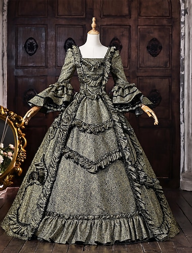  Rococo Baroque Robe de Bal Longueur au sol Robe Robe de Bal Manches longues Princesse Mariée Dentelle Fleuri Robe de bal Col carré Déguisement Femmes Royal Halloween Carnaval Mascarade Bal de promo
