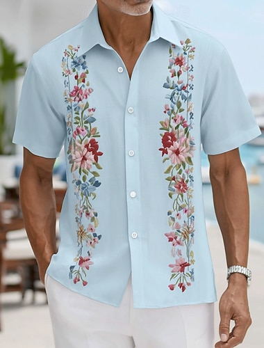 Herr Blomtryck Etnisk Blommor Skjorta Guayabera skjorta Knapp upp skjorta Kortärmad Vintage retro Dagligen Utomhus Semester Sommar Vår Nedvikt 3D-utskrift Linne som skjorta Blå Rodnande Rosa Grön