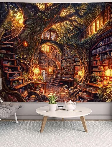  Fantasi magiskt träd bibliotek väggtapet gammalt trädhus bokhylla väggbonad spiraltrappa varm ljuskonst stor tygaffisch för läshörna sovrums-/arbetsrumsinredning