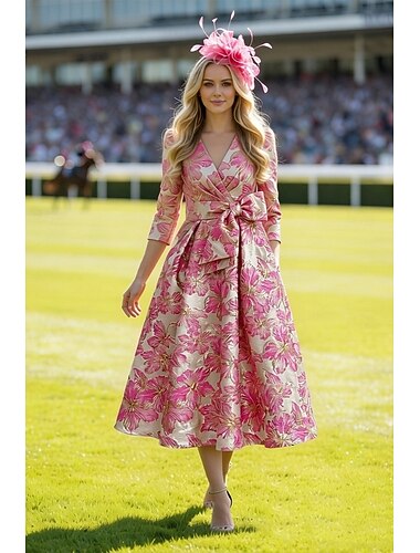  A-lijn Tot de enkel Cocktailjurken Feestjurken Elegant Vintage Korte mouw V-hals Bruiloft Formeel Jacquard met Strik(ken) Zak