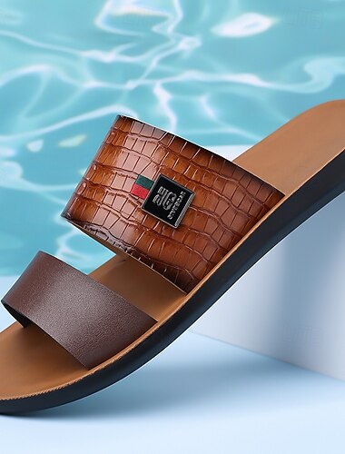  Bruine, gestructureerde teenslippers voor heren, comfortabele instapsandalen met open neus, relaxte casual stijl, ideaal voor strandvakanties, resorts en dagelijks gebruik in de zomer.