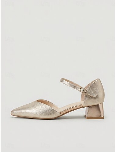  Women's Gold Mary Jane Chunky Heel Pumps - Chic Pointed Toe Cocktail Party Dress Shoes