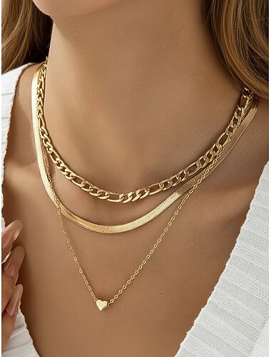  Γυναικείο σετ κολιέ με καρδιά από κράμα αλουμινίου, χρυσό και ασημένιο κολιέ με πολλές αλυσίδες για διακοπές στην παραλία, καθημερινή casual ένδυση, ταξίδια και μινιμαλιστικό στυλ μόδας