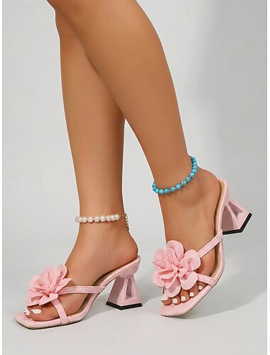  Sandalias de tacón rosas con estampado floral para mujer: sandalias de verano con puntera abierta y tacón escultural para cenas en resorts o noches de vacaciones. &fiesta en la playa