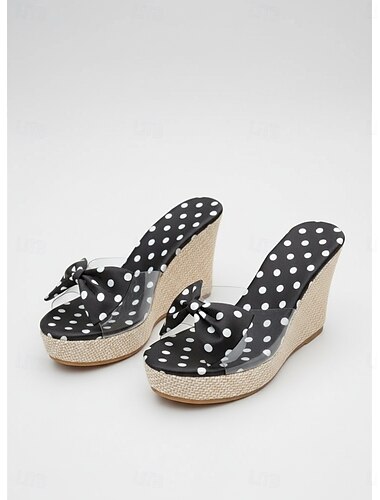  Sandales compensées à pois et nœud pour femmes - compensées transparentes tendance avec semelle style espadrille pour des vacances de luxe en station balnéaire, détente au bord de la piscine d'un