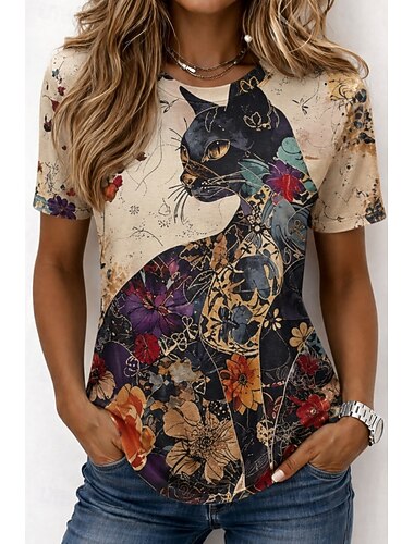  Dames T-shirt Afdrukken Grafisch dier Kat Vintage Stijlvol Klassiek Korte mouw Strakke ronde hals Ronde hals Normale tops Casual Dagelijks Weekend Wit Koffie Wit 2 Zomer Lente Herfst Winter