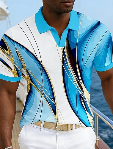  Herren Geometrisch Hawaiianische Polohemden Kurzarm Polo-Shirts V Ausschnitt Lässig Resort Athleisure Alltagskleidung Urlaubskleidung 3D-Druck Frühling & Sommer Blau Marineblau Purpur