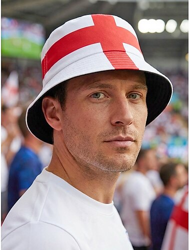  Omkeerbare polyester bucket hat voor heren, met print van de Engelse vlag, lichtgewicht voetbalpet voor wedstrijddagen, supporters, casual sport en outdoor kleding.