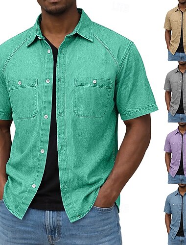  Voor heren Overhemd Normaal shirt Overhemd met knopen Overhemd van 100% katoen met zure wassing Zwart Paars Groen khaki Leger Groen Korte mouw Effen Overhemdkraag Casual Dagelijks Voorvak Kleding