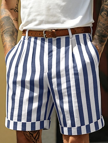  Herren Shorts Leinenshorts Sommershorts Strandshorts Tasche Elastischer Bund Gestreift Komfort Atmungsaktiv Knielang Lässig Täglich Outdoor Urlaub Mode Blau Rosa Unelastisch