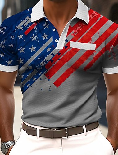  4 juillet 2026, 250e anniversaire Homme Drapeau Américain Polo Manche Courte Polos Chemises à Col Occasionnel Extérieur Athleisure Tenue quotidienne Impression 3D Boutons Printemps & Été Bleu Rouge