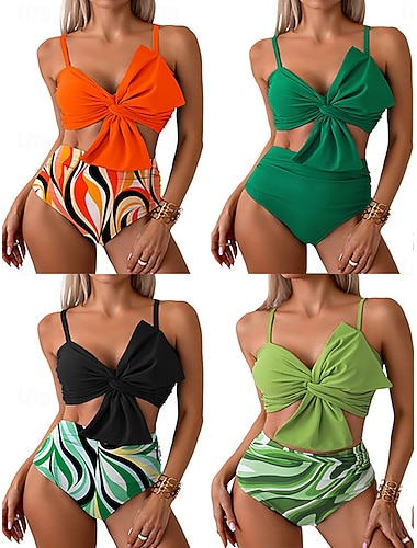  Damen Badeanzug Bikini Zweiteilig Hohe Taillenlinie Bademode Gerafft Urlaub Strandbekleidung Grafik V Ausschnitt Ärmellos Badeanzüge