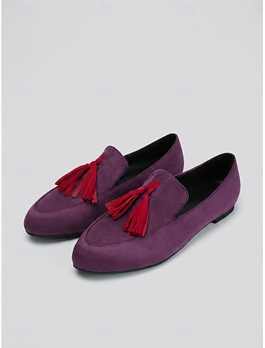  Elegante lilla semskede loafers til dame – komfortable, spisse, flate sko med stilig duskdetaljer for daglig bruk på kontoret og avslappede byturer. &profesjonelle elegante antrekk