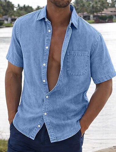  Férfi Ing Alkalmi ing Gombos póló 100% Cotton Acid Wash ing Fekete Arcpír rózsaszín Sötétzöld Bíbor Lóhere Rövid ujjú Sima Állógallér Hétköznapi Napi Elülső zseb Ruházat Elegáns Divat Alkalmi