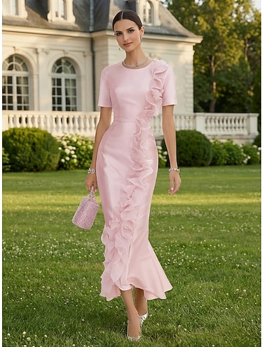  ערב בתולת ים / חצוצרה באורך הקרסול שמלות קוקטייל שמלות אורח כלה אלגנטית שרוולים קצרים צווארון עגול קצר מסיבת חצר רשמי סאטן עם קפלים