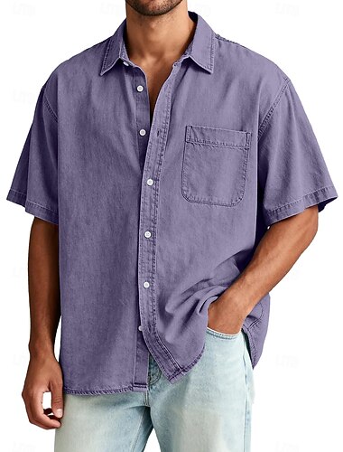  Herren Hemd Freizeithemd Hemd aus 100 % Baumwolle in Säurewaschung Blau Schwarz Hellgrün Burgunderrot Dunkelmarine Kurzarm Einfach Hemdkragen Lässig Täglich Knöpfe Bekleidung Polyester Mode Lässig