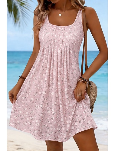  Damen Minikleid Sommerkleid A Linie Kleid Trägerloses Kleid Urlaub Lässig Strand Strand Lässiger Schnitt Blumen Grafik Ärmellos U-Ausschnitt Blau Gelb Rosa Sommer Frühling