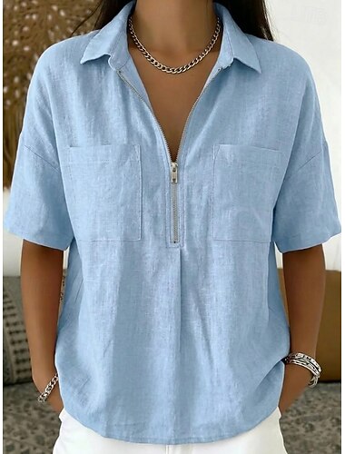  Femmes Chemise Polo Fermeture éclair Avec Poches ancien Élégant Manche Courte Revers Hauts Réguliers Occasionnel Plage Bleu Rose Claire bleu marine Vert Été Printemps