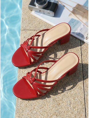  női fényes piros tömbsarkú szandál - modern pántos, csomózott részletekkel ellátott papucsszandálok luxushotelekbe, üdülőhelyekre, medencepartikra &nyári esti viselet