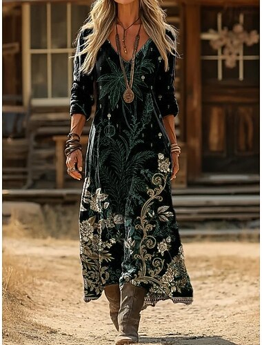 Dames Maxi-jurk Zonnejurk Zomerjurk Vakantie Casual Boho Dagelijks Strand Uitgaan Normale pasvorm Bloemig Grafisch Kleurenblok Lange mouw V-hals blauw Zwart Paars Zomer Lente
