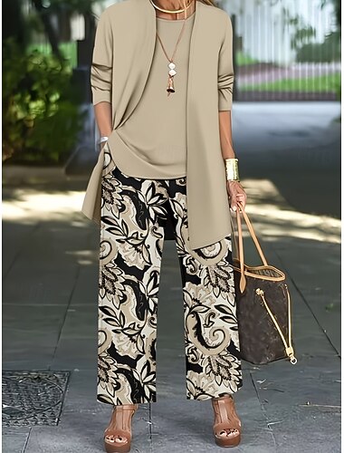  Mulheres Conjuntos de duas peças Manga Longa Gola Redonda Elegante Férias Vintage Casual Diário Feriado Cinzento Escuro Cáqui Primavera Ajuste Largo