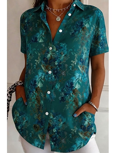  Dame Skjorte Button Down skjorte Casual skjorte Sommertoppe Knapper Trykt mønster Grafisk Geometrisk Årgang Stilfuld Moderne Kortærmet Krave Lange toppe Daglig Hvid+Sort Hvid og Blå Grøn Sommer Forår