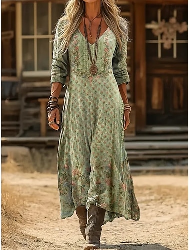  Per donna Abito maxi Vestito Estivo Abito Estivo Vacanza Casual Boho Quotidiano Vestibilità regolare Ombre Grafico Blocco di colori Manica Lunga Scollo a V Nero Marrone chiaro Verde Primavera Autunno