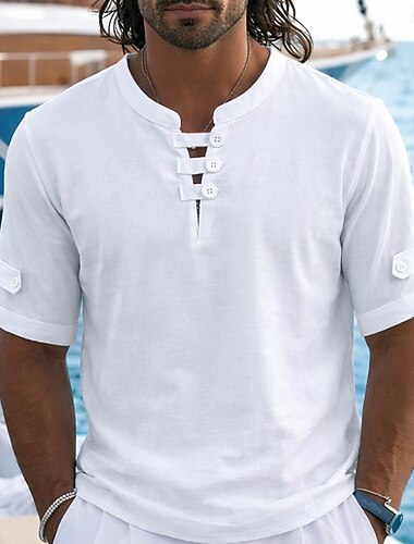  Pánské Lněná košile Polokošile Ležérní Dovolená Bez límce Krátký rukáv prázdniny Moderní Bez vzoru Barevné bloky Knoflíky Léto Jaro Vodní modrá Bílá Žlutá Rubínově červená Šedá Lněná košile