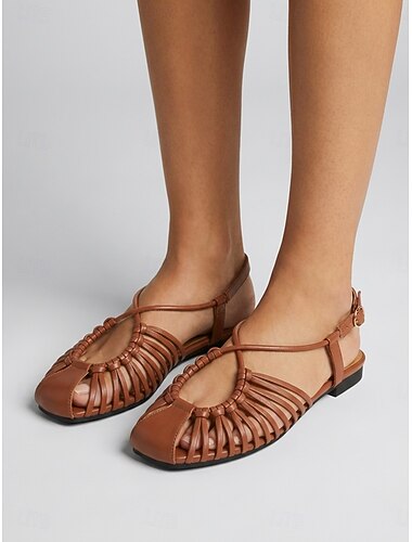  Femmes Vacances Île et croisière Talon plat Bout Rond Faux Cuir Boucle Noir Dorée Marron