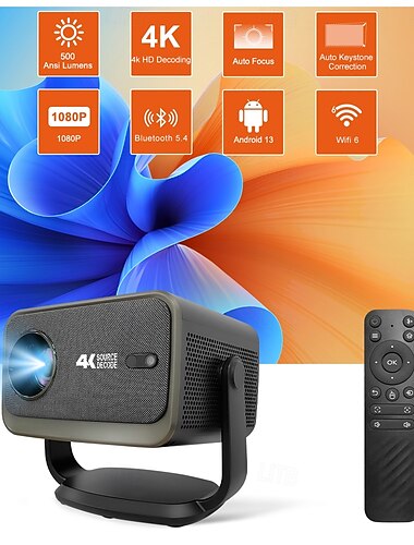  1080p okosprojektor, 500 ANSI lumen, 4k dekódolás, wifi 6 bt 5.4, android 13, autofókusz &Keystone, 360 fokban forgatható, hordozható kültéri projektor okostelefonhoz, TV Stickhez, házimozihoz